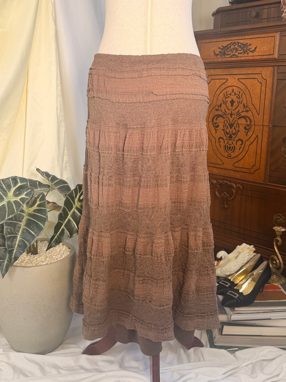 Max Studio Brown Tiered Maxi Skirt Summer Gorpcore Fairycore Lace Festival Chic - Picture 2 of 4